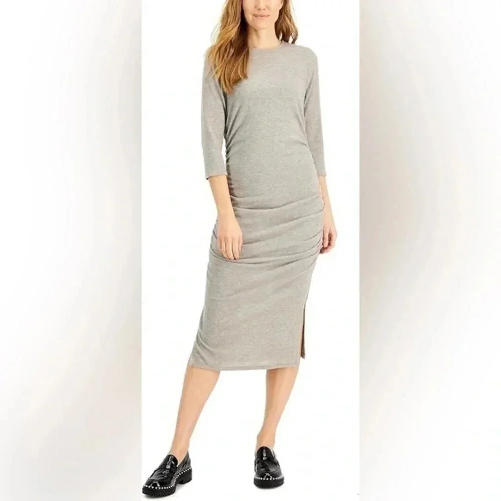 INC International Concepts Grey Women's 3/4-Sleeve Ruched Midi Dress Size XL